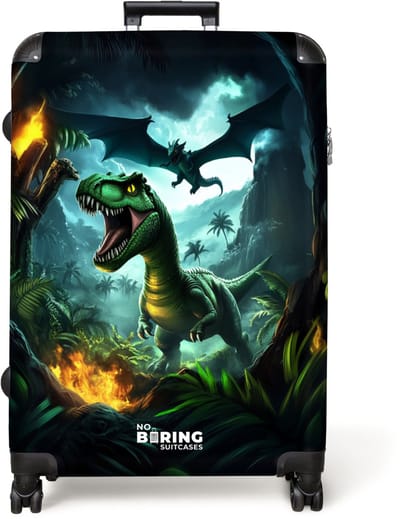 NoBoringSuitcases.com® - Koffer groot - Reiskoffer lichtgewicht - Dinosaurus en draak in vurige junglevallei - Rolkoffer met 4 wielen - Grote trolley XL - 98 liter bagage