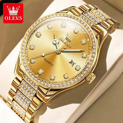 HO-9905.g : Olevs goudkleurig edelstalen quartz heren horloge, getextureerde schakelband, kalenderdag