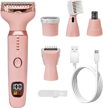 5-in-1 Elektrisch Epilator voor Vrouwen - Oplaadbare Bikinischaaf met Digitale Batterij-indicator - Verwisselbare Opzetstukken voor Gezicht, Lichaam en Intieme Zones - USB-C - Roze