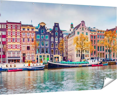 Gards Tuinposter Amsterdamse Huisjes vanaf de Gracht - 180x120 cm - Tuindoek - Tuindecoratie - Wanddecoratie buiten - Tuinschilderij