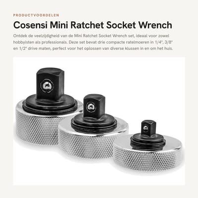Dailygoods- Ratelsleutelset 3-delig - Mini Ratelsleutels 1/4"/3/8"/1/2" - Schokbestendig - Antislip Handvat - Duurzaam Roestvrij Staal - Ratchet Set