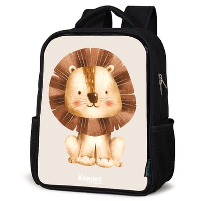 NoBoringSuitcases.com® - Rugzak zwart - Schooltas jongen & meisje - Leeuw illustratie met beige achtergrond - Rugtas voor school - Boekentas kind - Schoolrugzak - Kinderrugzak