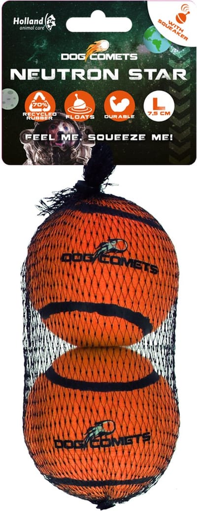 Dog Comets Neutron Star - Hondenbal met Pieper - Ø 7,5 cm - Hondenspeelgoed - Tennisbal - Stuiterende tennisbal - Oranje - 2 stuks