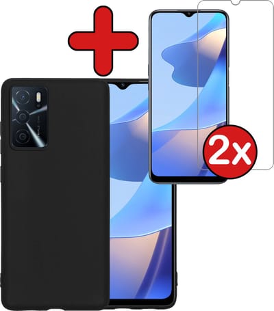 Hoesje - Met 2x Screenprotector - Geschikt voor OPPO A16s - Sterk & Shockproof - Telefoon Hoes - Back Cover - Siliconen Case - Telefoonhoes - Zwart