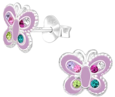 Joy|S - Zilveren vlinder oorbellen - 9 x 8 mm - paars met kristalletjes