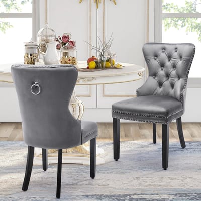 Eetkamerstoelen - Set van 2 - Eetkamerstoel met Eikenhouten Poten - Moderne Stoel - Knopen Details - Chromen Nagelkop Afwerking - Keukenstoel - Woonkamerstoel - Slaapkamerstoel - Lounge Stoel - Vrijetijdsstoel - Grijs