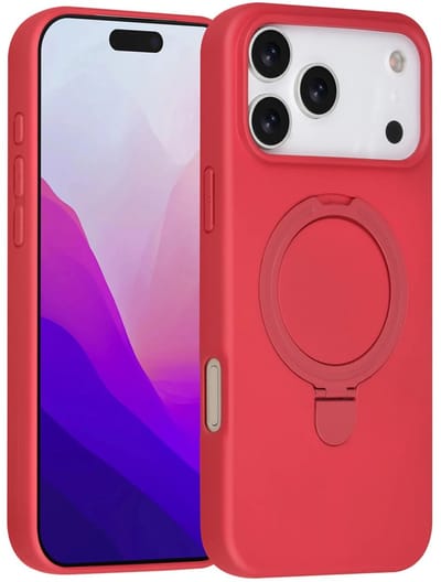 Backcover Hoesje Geschikt voor: iPhone 17 Pro Volledig Dekkende Schokbestendige Siliconen Backcover met Ringstandaard – 360° Bescherming - Cherry Red