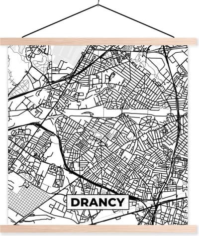 Posterhanger incl. Poster 40x40 cm - Schoolplaat - Plattegrond - Drancy - Kaart - Frankrijk - Stadskaart - Zwart wit - Textielposter - Blanke latten - Stadskaart
