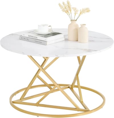 Elegante Ronde Salontafel met Kunstmarmer Effect en Gouden Frame - 80 cm voor Woonkamer