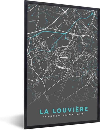 Fotolijst incl. Poster - Plattegrond – La Louvière – Blauw – Stadskaart - Kaart - 40x60 cm - Posterlijst