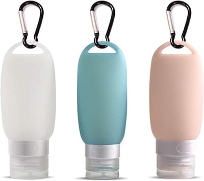 Allecto Plus - Siliconen reisflessen set voor reizen en buitenactiviteiten - Lekvrij - Draagbaar - Navulbaar - Cosmetische flessen met karabijnhaak - 3 stuks (veelkleurig 60 ml)