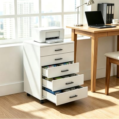 EGGREE Kantoorkast met 5 lades - verrijdbaar archiefkastje op 4 wielen - houten verrijdbaar ladeblok voor onder het bureau - smal ladekastje/printerstandaard - wit - 40 x 40 x 69 cm