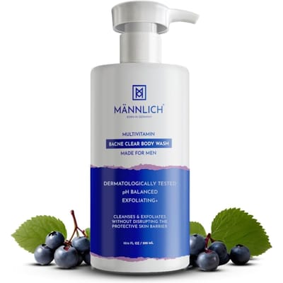 Mannlich 2% Salicylzuur Body Acne Was voor Mannen (300 ml) - Bacne Clear Body Wash Mannen Douchegel - 3% Niacinamide Voorkomt Lichaamsacne, Exfolieert & Geen gray