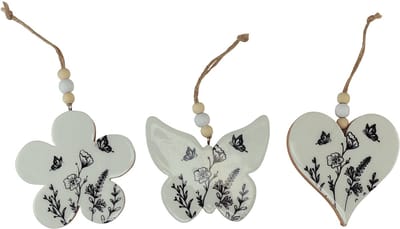 Decoratieve hanger hart bloem vlinder wit naturel 9cm 3st, 3 Stück