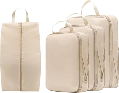 Compressie Packing Cubes - Reis Opbergzakken - Kleding Organiseren - Dubbele Ritsen - 4 Stuks Set - Beige