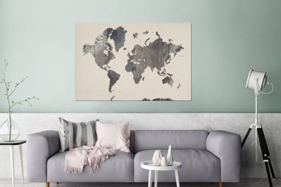 Aluminium schilderij 120x80 cm - Wanddecoratie metaal - Wereldkaart - Hout - Grijs - Metalen muurdecoratie woonkamer - Decoratie industrieel - Foto op dibond - Industriële accessoires slaapkamer
