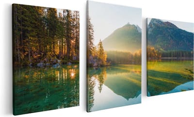 Artaza Canvas Schilderij Drieluik Zonsopgang Bij Het Meer In De Herfst - 120x60 - Foto Op Canvas - Canvas Print