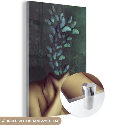 MuchoWow® Glasschilderij 120x180 cm - Schilderij acrylglas - Torso - Stilleven - Vlinders - Blauw - Foto op glas - Muurdecoratie woonkamer - Wanddecoratie slaapkamer - Schilderijen