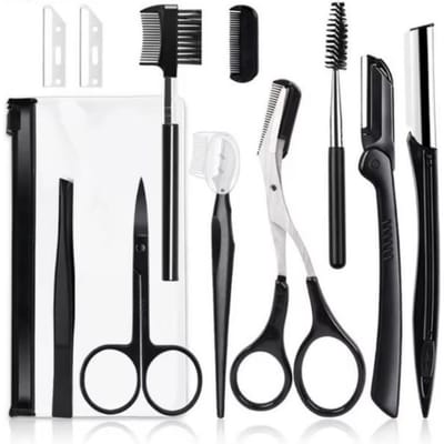 11 Delige Zwarte Wenkbrauw Trimschaartjes Roestvrij Staal Pincet Wenkbrauw Schraper Wenkbrauwborstel Scheermes Wenkbrauwklem Make-up Tools 11pcs