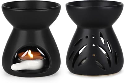 2 Stuks Keramische Geurlicht met Kaarslepel en Trechter, Essentiële Olie Brander, Wax Smelt Brander en Aroma Diffuser (Zwart)