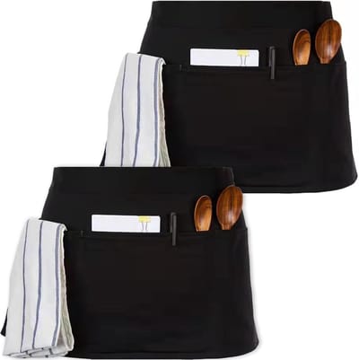 2-delige Zwarte Serveerschorten - Halflange Bib Schorten voor Ober, Unisex Taille Schort met 3 Zakjes, Perfect voor Café, Keuken en Restaurant Personeel, Duurzaam en Stijlvol