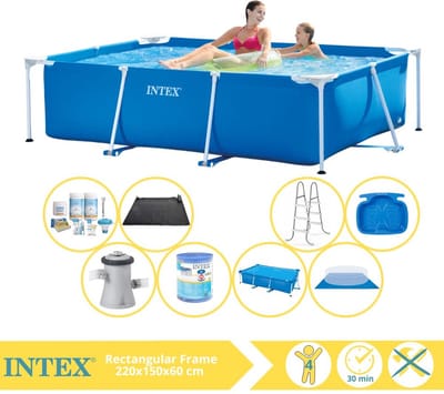 Intex Rechthoekig Frame Zwembad - 220 x 150 x 60 cm - Blauw - Inclusief Solarzeil - Onderhoudspakket - Zwembadfilterpomp - Filter - Grondzeil - Solar Mat - Ladder - Voetenbad - 9-delig