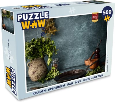Puzzel Kruiden - Specerijen - Pan - Mes - Grijs - Rustiek - Legpuzzel - Puzzel 500 stukjes