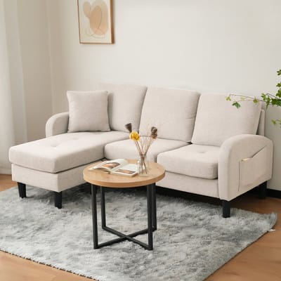 Pugsdrly L-vormige hoekbank met chaise longue – 3-zitsbank, 166 x 118 x 77 cm, ademende katoen-linnen stof, kunststof poten, modulair ontwerp, ideaal voor woonkamer, appartementen en kantoren