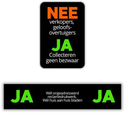 Ja Ja Brievenbus Sticker + Geen Verkopers/Ja Collecteren Sticker - Complete Voordeur Set van 2 stuks - UV en Waterproof - 14x3cm en 5x7.5cm