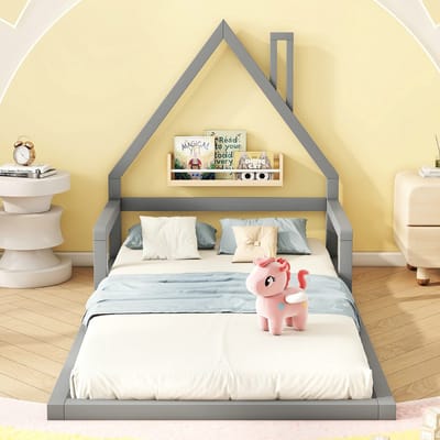 VVBV Kinderbed met Huisdesign 90x200 cm - Voor Kinderen/Tieners - Massief Hout Grijs