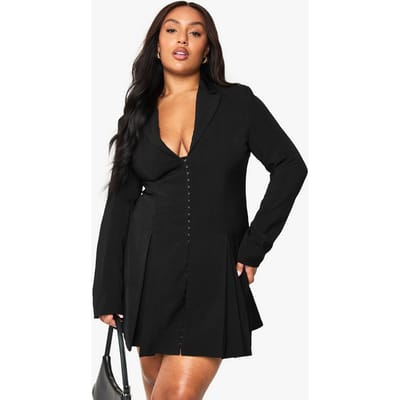 boohoo Dames Plus op maat gemaakte blazerjurk met haak- en oogdetail en getailleerde taille | Zwart | Maat: 52