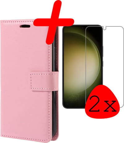 Hoesje Met 2x Screenprotector - Geschikt voor Samsung Galaxy S23 - Luxe Pasjeshouder - Bookcase Portemonee - Flip Case - Kunstleer Book Case - Flipcase Hoes - Book Cover - Walletcase - Portemonneehoes - Lichtroze