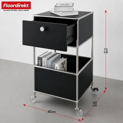 FLOORDIREKT Metalen Rek Concept Epure MK-145 - Rolcontainer Met 3 Verdiepingen, Lade & Legplanken - 40 x 75 x 40 cm - Zwart -Verkrijgbaar in Verschillende Kleuren - Metalen Rek in Modern Design - Rek Voor Woonkamer, Kantoor & Hal
