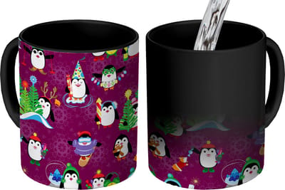 Magische Mok - Foto op Warmte Mokken - Koffiemok - Pinguïn - Kerstmis - Vuurwerk - Winter - Design - Magic Mok - Beker - 350 ML - Theemok