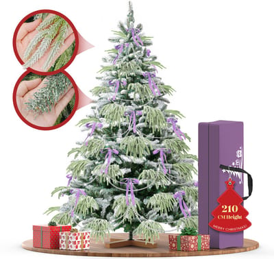 210 cm Kunstkerstboom - PVC + PE Groene Kerstboom - Kunstmatige Spar Met Sneeuweffect - Decoratieve Accessoires - Beschermende Handschoenen, Opbergtas, Houten Standaard, Snel te Monteren Vouwsysteem
