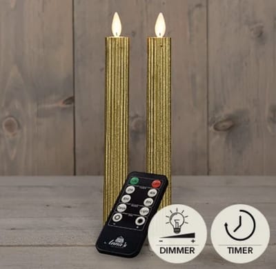 LED kaarsen met bewegende vlam 2x - 23cm Ribbel - Goud - Gold - Afstandsbediening - Timer - Dimmer - Dinerkaars rustiek wax - LED kaars batterij