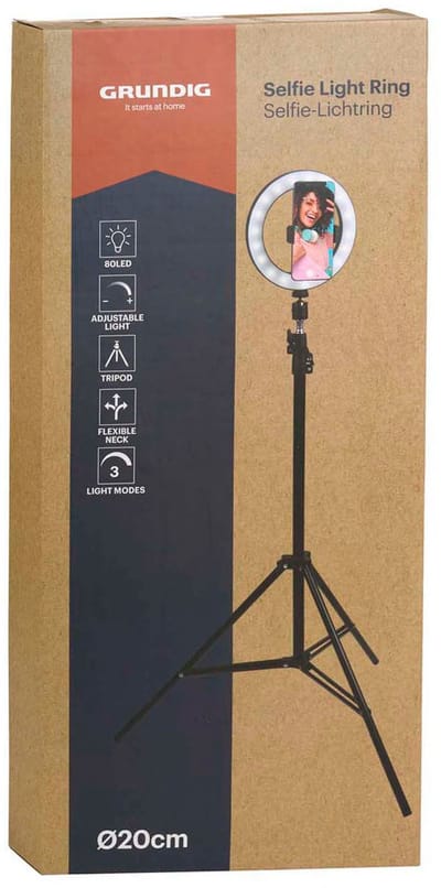 Grundig Ringlamp met Statief Ø20 cm - Verstelbare Ringlight tot 210cm - Tiktok Lamp met Telefoonhouder - Ringlicht met 3 Lichtstanden - Make Up Lamp
