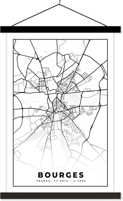 Posterhanger incl. Poster 40x60 cm - Schoolplaat - Stadskaart - Plattegrond - Bourges - Kaart - Frankrijk - Zwart wit - Textielposter - Zwarte latten - Stadskaart