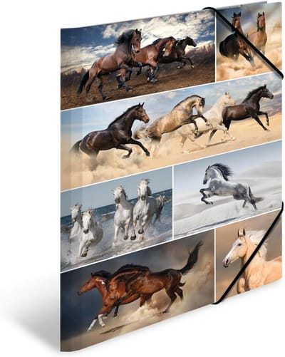 Collectiealbum DIN A3 met Dierenmotief van Paarden, Stevig Karton, Documentenmap met Bedrukte Binnenkanten en Elastische Sluitband, Ideale Opbergmap voor Kinderen