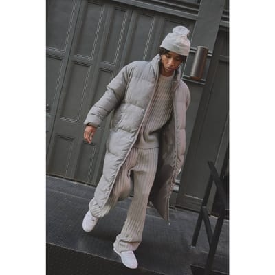 Oversized Crinkle Nylon Funnel Neck Longline Puffer Jacket | Grey | Size XS