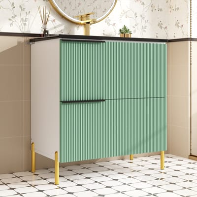 OKWISH Badmeubel – Vrijstaand Met Geïntegreerde Keramische Wasbak – 2 Lades – Ruime Opbergruimte – Mintgroen Met Metalen Grepen En Gouden Poten – MDF