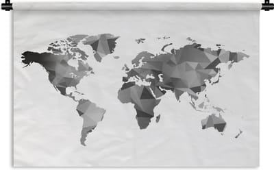 Wandkleed Eigen Wereldkaarten - Wereldkaart zwart - grijs - wit - Wandkleed katoen 180x120 cm - Wandtapijt met foto