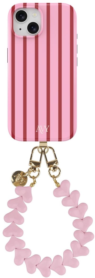 AVY Hoesje Met Telefoonkoord | Geschikt voor Apple iPhone 15 | Compatibel met MagSafe | Hard Shell Back Cover | Stijlvol Bijpassend Koord 30CM | Linea Hearts | Roze