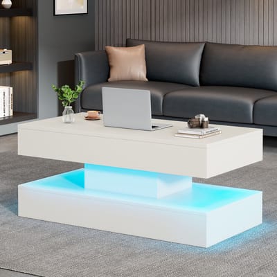 Wishdor Salontafel 100x50x42 cm van spaanplaat, wit, verstelbaar met LED, verborgen opbergruimte en EU-stopcontact