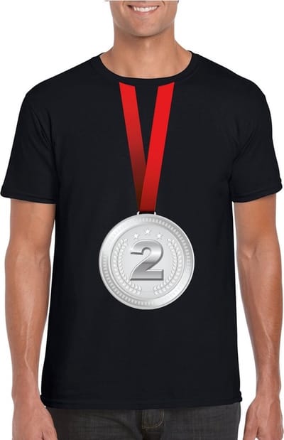 Zilveren medaille kampioen shirt zwart heren - Winnaar shirt Nr 2 S