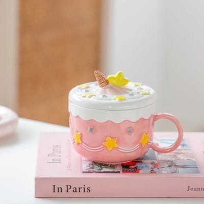 430ml Keramische Koffiemok Creatief Schattig Taart Reliëfpatroon Waterbeker Grote Capaciteit met Deksel Thuis Kantoor Sapmokken Cadeau 401-500ml white