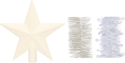 Kerstversiering kunststof glitter ster piek 19 cm en folieslingers pakket winter wit van 3x stuks - Kerstboomversiering