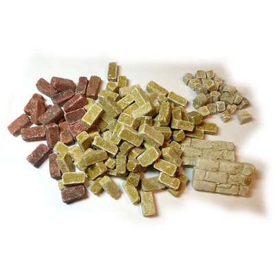 Geboortepakket Galilea – Basisset Stenen Muur – met 85 rechthoeken (Sinai), 25 vierkante stenen (Sinai), twee modules van 3 rijen en 20 rechthoeken (steenrood)