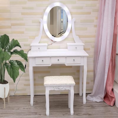 Coiffeuse met Spiegel en Verstelbare LED‑verlichting - Kaptafel met 5 Lades en Krukje, 2‑in‑1 Make‑uptafel/Bureau