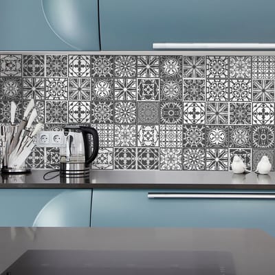 Zelfklevende tegelmuurstickers voor keuken en badkamer - 16 originele Azulejo tegelstickers in grijstinten - 16 stickers 10x10cm